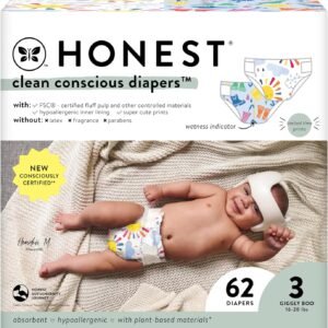 The Honest Company Clean Conscious Diapers | Plant-Based, Sustainable | Limited Edition Prints | Club Box, Size 3 (16-28 lbs), 62 Count
