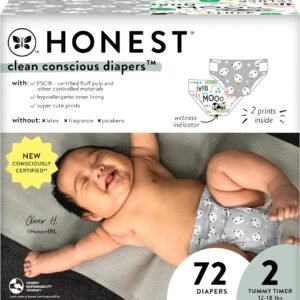The Honest Company Clean Conscious Diapers | Plant-Based, Sustainable | Pandas + Barnyard Babies | Club Box, Size 2 (12-18 lbs), 72 Count