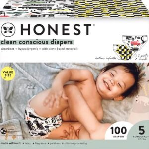 The Honest Company Clean Conscious Diapers | Plant-Based, Sustainable | Big Trucks + So Bananas | Super Club Box, Size 5 (27+ lbs), 100 Count