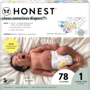 The Honest Company Clean Conscious Diapers | Plant-Based, Sustainable | Limited Edition Prints | Club Box, Size 1 (8-14 lbs), 78 Count