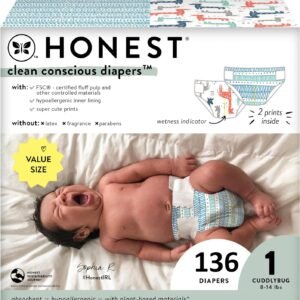 The Honest Company Clean Conscious Diapers | Plant-Based, Sustainable | Dots & Dashes + Multi-Colored Giraffes | Super Club Box, Size 1 (8-14 lbs), 136 Count