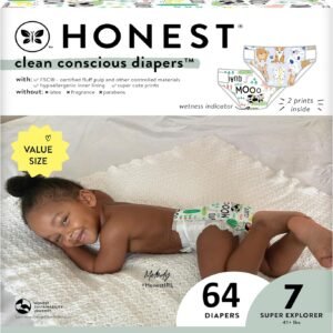 The Honest Company Clean Conscious Diapers | Plant-Based, Sustainable | Barnyard Babies + It’s A Pawty | Super Club Box, Size 7 (41+ lbs), 64 Count