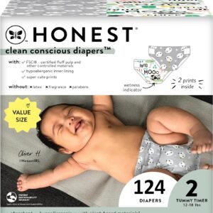 The Honest Company Clean Conscious Diapers | Plant-Based, Sustainable | Pandas + Barnyard Babies | Super Club Box, Size 2 (12-18 lbs), 124 Count