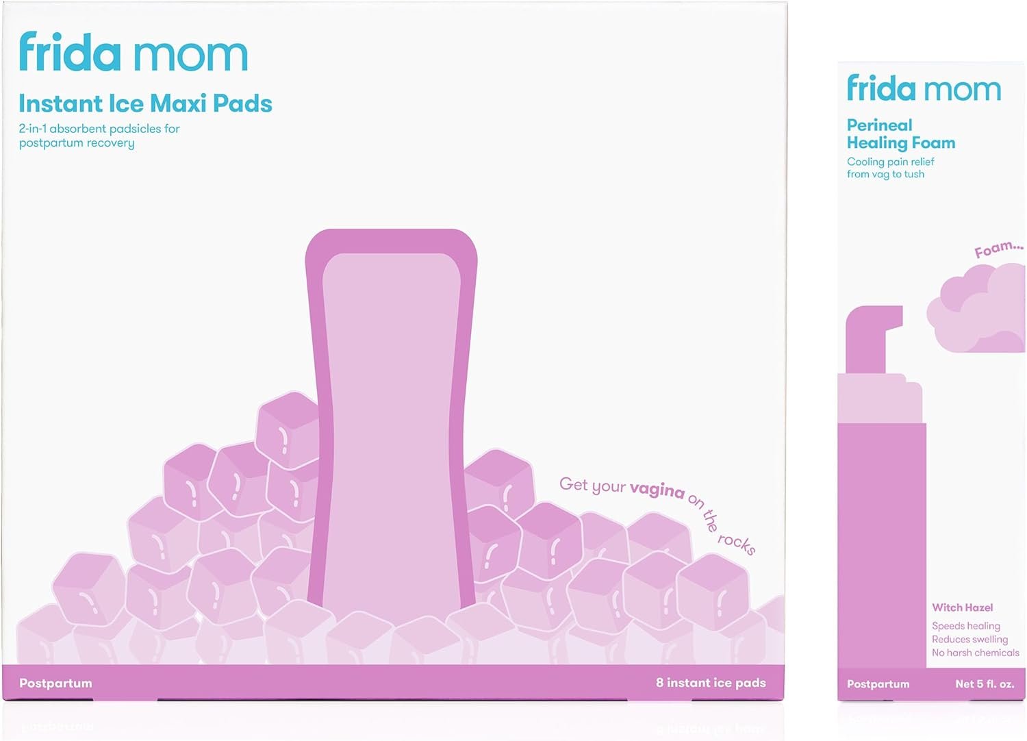 Frida Mom 2-in-1 Postpartum Absorbent Perineal Ice Maxi Pads + Perineal Medicated Witch Hazel Healing Foam for Postpartum Care, Relieves Pain and Reduces Swelling for Perineal Area Frida Mom 2-in-1 Postpartum Absorbent Perineal Ice Maxi Pads + Perineal Medicated Witch Hazel Healing Foam for Postpartum Care, Relieves Pain and Reduces Swelling for Perineal Area