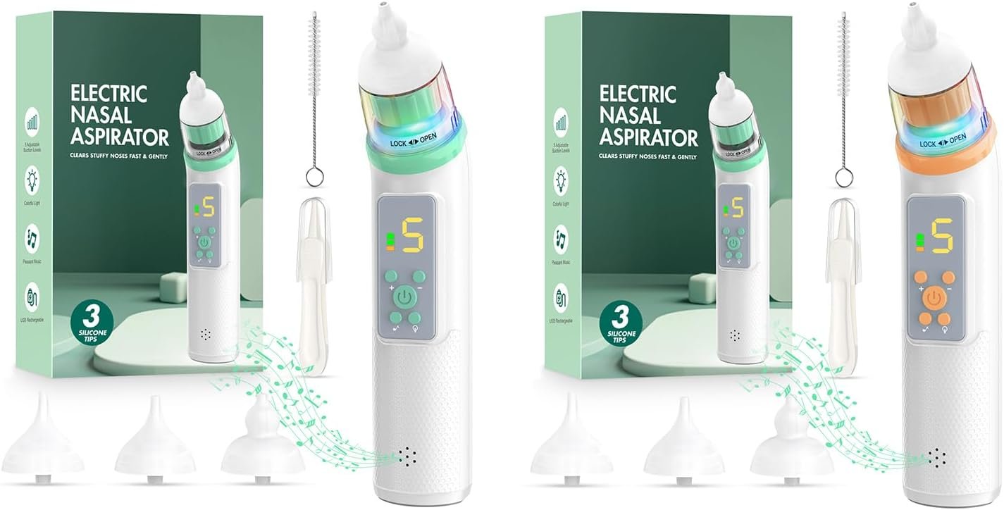 Nasal Aspirator for Baby, Electric Baby Nose Sucker with Adjustable 5 Levels Suction, Baby Nasal Aspirator with Music and Lights, Nose Sucker for Toddler with 3 Tips, Green + Orange Nasal Aspirator for Baby, Electric Baby Nose Sucker with Adjustable 5 Levels Suction, Baby Nasal Aspirator with Music and Lights, Nose Sucker for Toddler with 3 Tips, Green + Orange