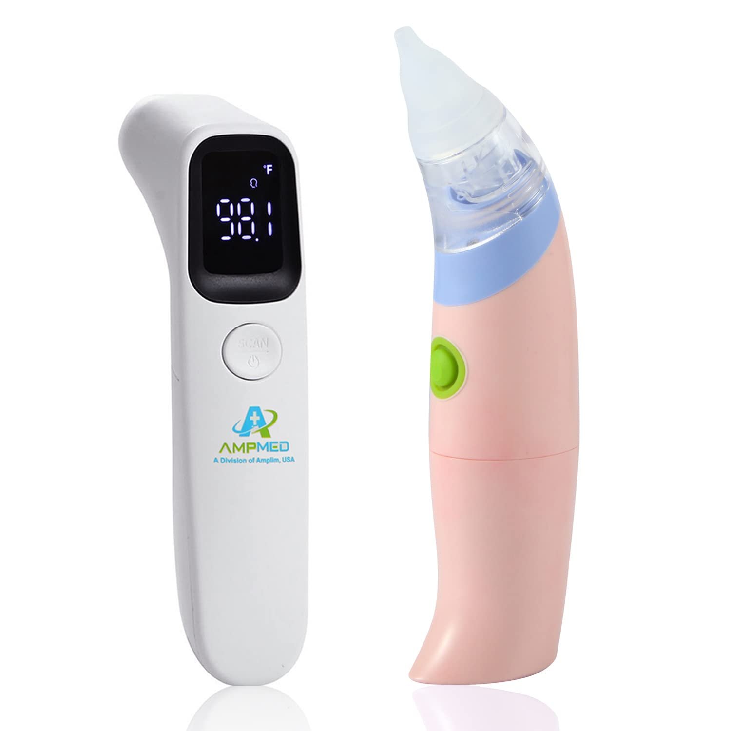 Amplim 2-Pack Bundle. Deluxe Touchless Infrared Digital Forehead Thermometer and Battery Operated Nasal Aspirator for Adults and Babies. FSA HSA Eligible Amplim 2-Pack Bundle. Deluxe Touchless Infrared Digital Forehead Thermometer and Battery Operated Nasal Aspirator for Adults and Babies. FSA HSA Eligible