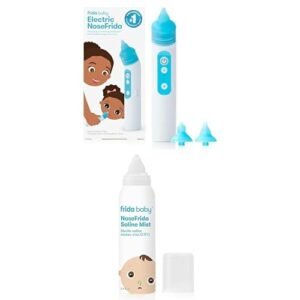 Bundle of Frida Baby Electric NoseFrida Nasal Aspirator, Nose Sucker, 3 Suction Levels, 2 Silicone Tips, USB Rechargeable + Saline Mist Spray | Baby Saline Nasal Spray, Soften Nasal Passages, 3.4 floz