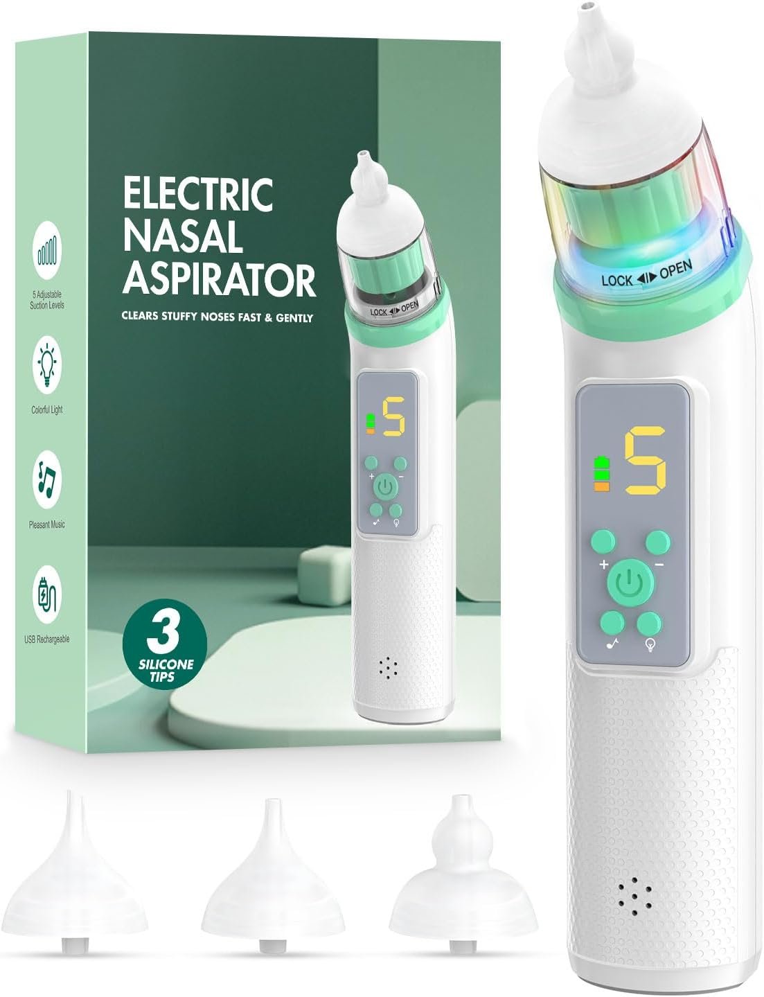 Nasal Aspirator for Baby, Electric Baby Nose Sucker with Adjustable 5 Levels Suction, Baby Nasal Aspirator with Music and Lights, Nose Sucker for Toddler with 3 Tips, Green Nasal Aspirator for Baby, Electric Baby Nose Sucker with Adjustable 5 Levels Suction, Baby Nasal Aspirator with Music and Lights, Nose Sucker for Toddler with 3 Tips, Green