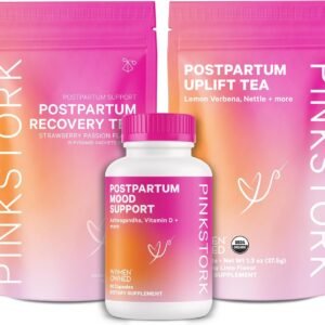 Pink Stork Postpartum Essentials for Hormone Balance, Recovery, and Mood Support for Women – Postnatal Vitamins with Ashwagandha, Raspberry Leaf Tea, and Chamomile Tea – Gifts for New Mom – Set of 3