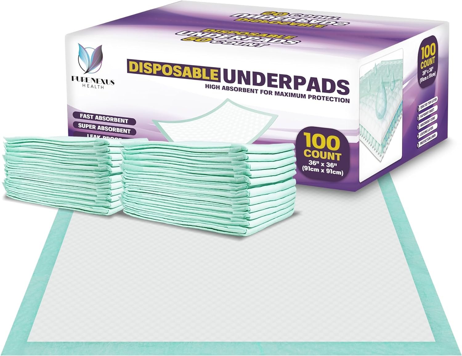 PureNexus Health Disposable Underpads 36”X 36” (100-Count) Incontinence Pads, Chux, Bed Covers, Puppy Training Pads, Pee Pads for Babies, Kids, Adults PureNexus Health Disposable Underpads 36”X 36” (100-Count) Incontinence Pads, Chux, Bed Covers, Puppy Training Pads, Pee Pads for Babies, Kids, Adults