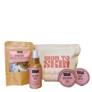 Skin to Skin Postpartum Kit-4 Piece Set in Cosmetic Bag – Postpartum Recovery – Includes: Herbal Bath, Recovery Spray, Restorative Salve, and Nipple Butter – Postpartum Care Kit – After Birth Care Kit