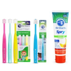 Brilliant Oral Care Bundle; 3 Pack Baby Toothbrush Pink Mint Yellow, 1 Pack Child Toothbrush – Sky Bllue with Soft Bristles Round Head & Kids Fluoride Free Toothpaste, 1 Pack Spry Gel with Xylitol