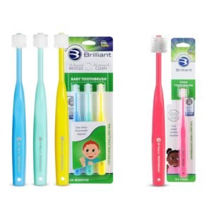 Brilliant Oral Care Bundle; 3 Pack of Baby Toothbrush – Blue Mint Yellow & 1 Pack of Child Toothbrush – Pink with Soft Bristles and Round Head